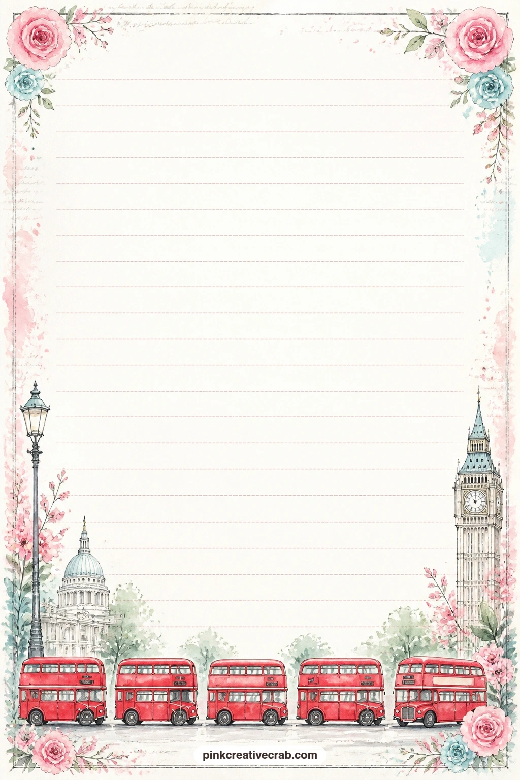 Red Bus Border Lined Page printable page — A band of tiny red buses runs along the bottom edge of this page, with faint ruled lines across the middle. London