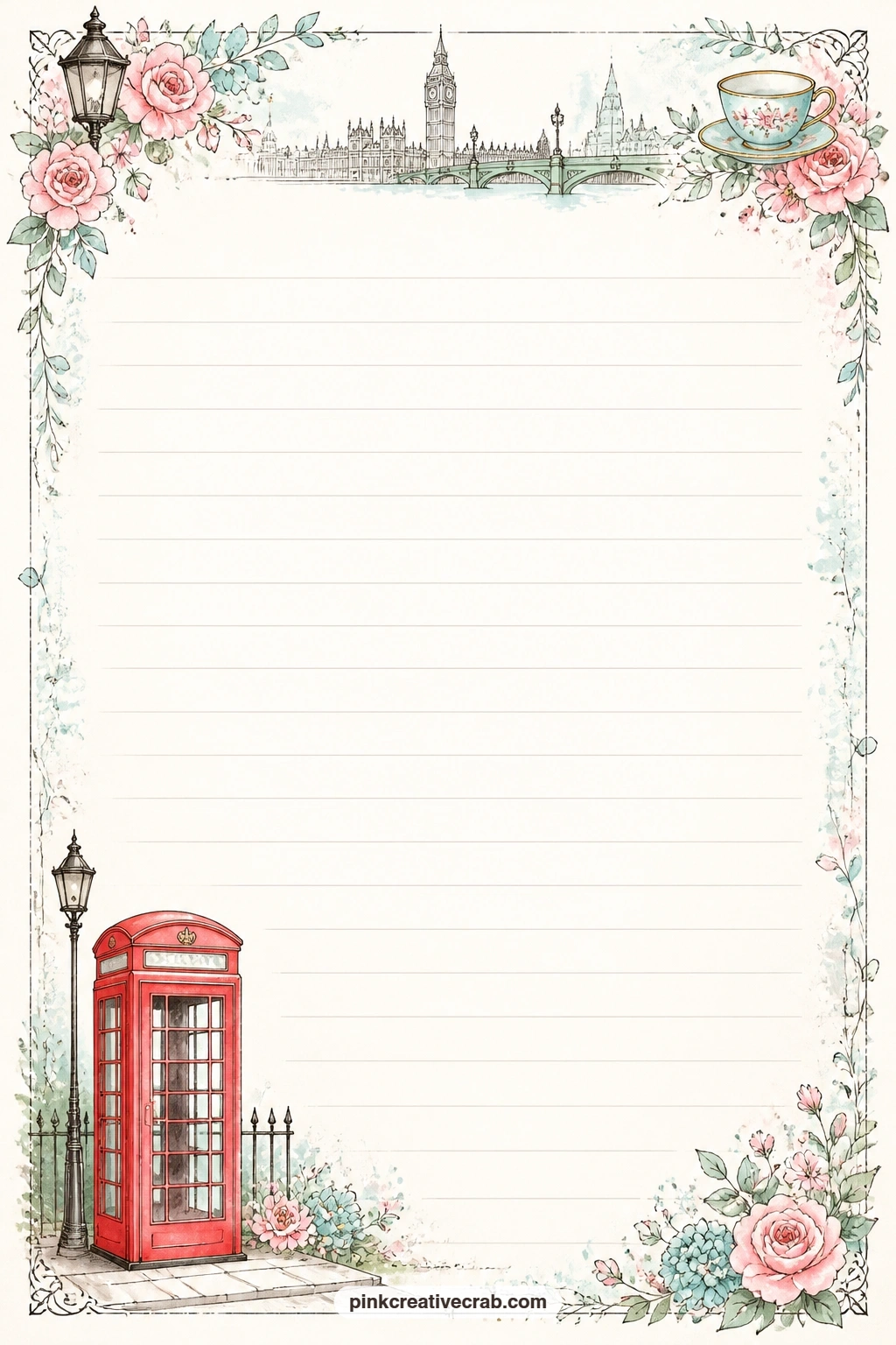 Telephone Box Corner Lined Page printable page — A small red telephone box sits tucked in one corner of this page, faint lines ruled across the rest. London