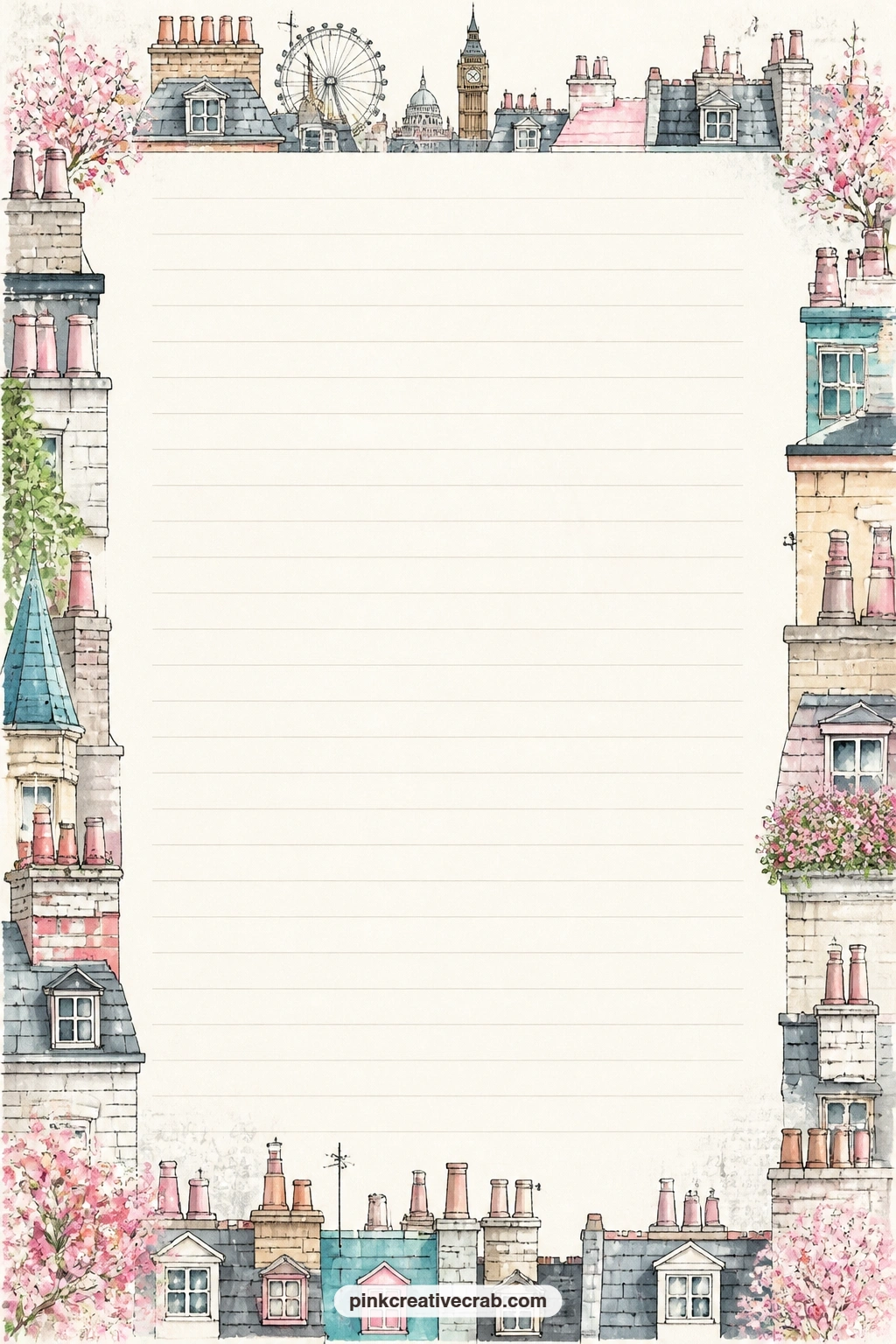 London Rooftops Frame Lined Page printable page — Rooftops and chimney pots frame all four edges of this page, with faint ruled lines left open in the middle.