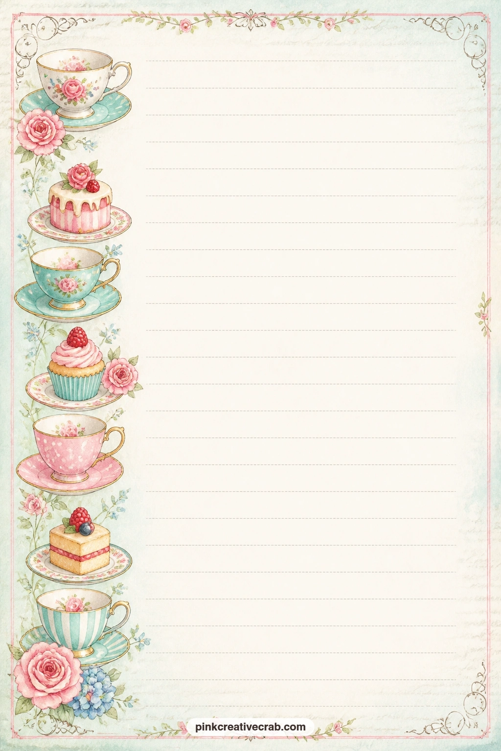 Afternoon Tea Lined Page printable page — Teacups and small cakes trail along one side of this page, faint lines ruled across the rest. London junk journal