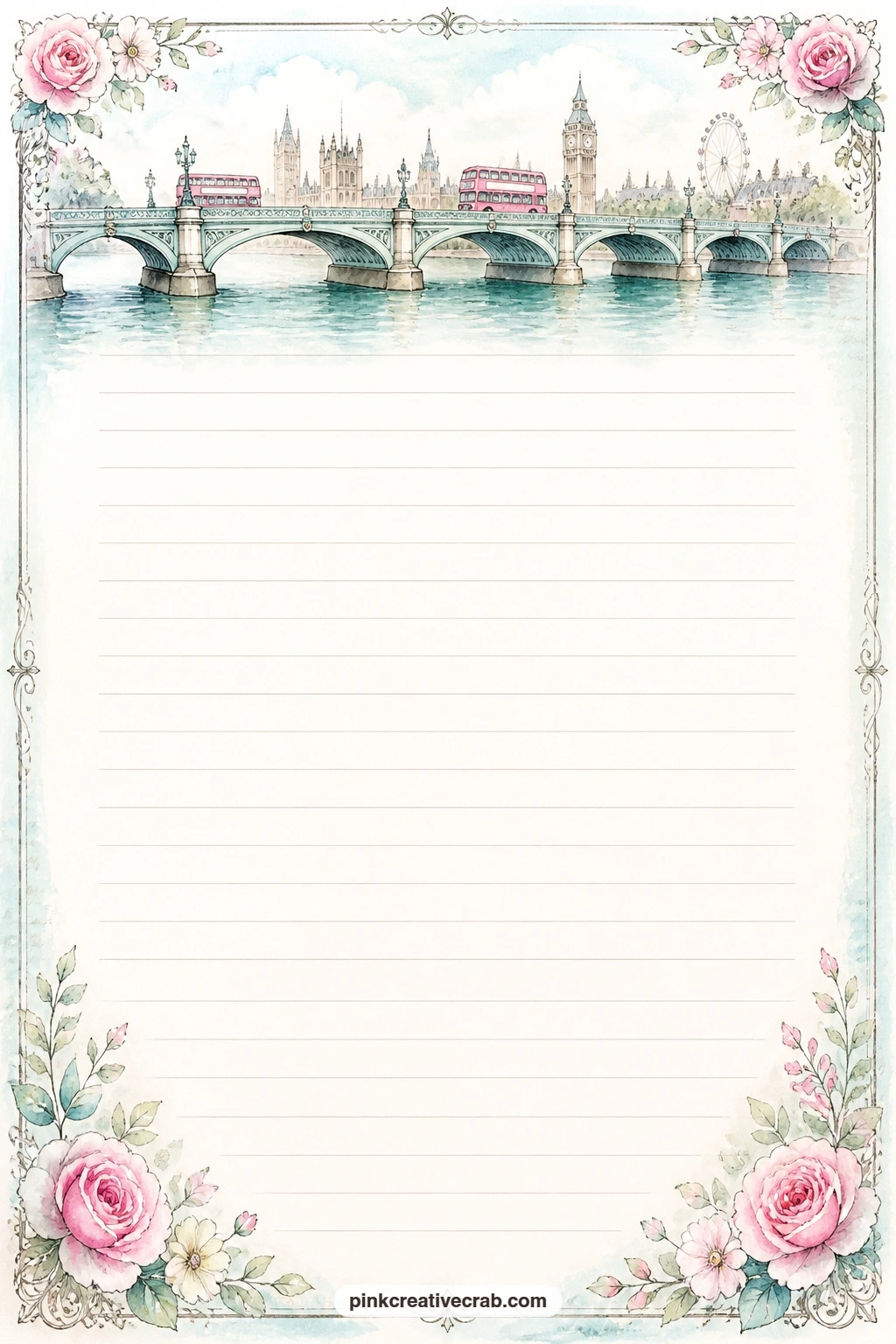 Thames Bridge Border Lined Page printable page — A pale border of bridge arches and river water runs along the top of this page, faint lines ruled below.