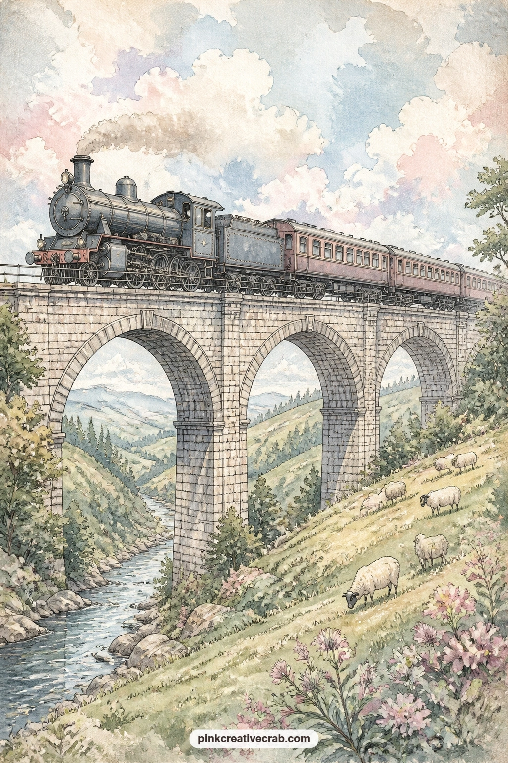 Steam Locomotive On A Stone Viaduct printable page — A steam locomotive crosses a tall stone viaduct over a green valley, trailing a soft plume of smoke above
