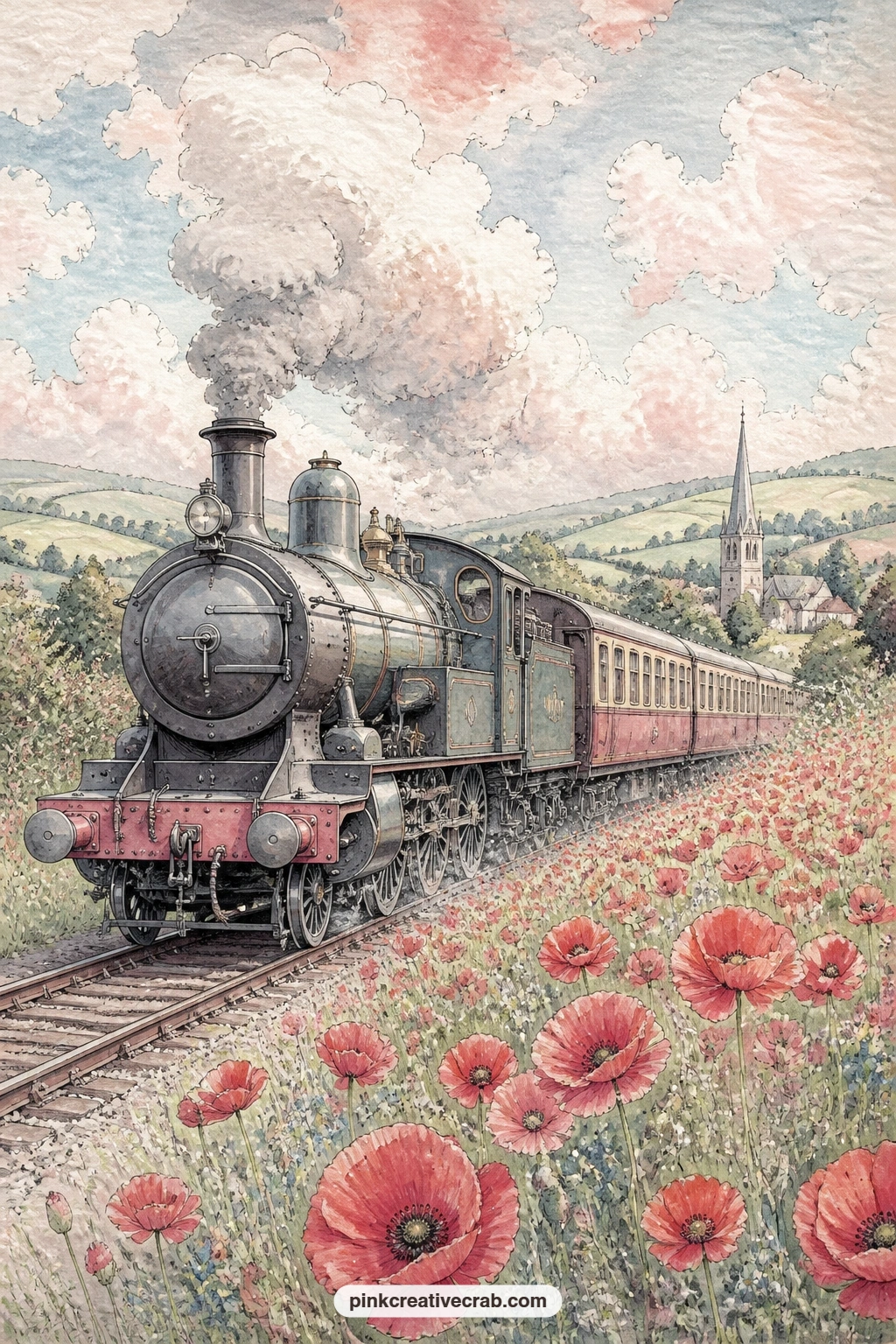 Steam Train Through A Poppy Meadow printable page — Pair this one with the railway tracks and wildflowers background: use the pattern as a pocket behind the