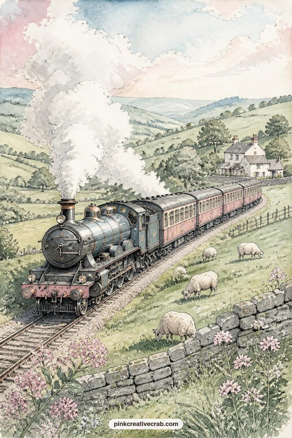 Steam Train Curving Through Green Hills printable page — The usual mistake with a wide landscape page like this is leaving the sky plain white: paint it