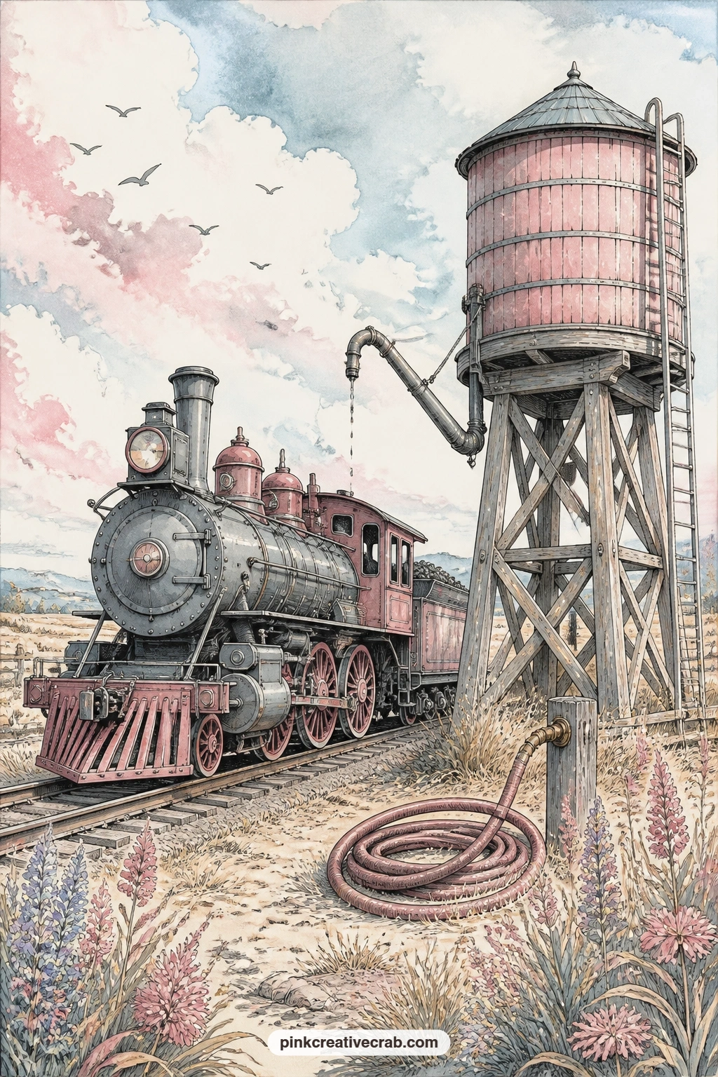Steam Engine At A Water Tower printable page — Give this page five minutes: glue it in whole, add one line of journaling along the bottom edge about a stop you