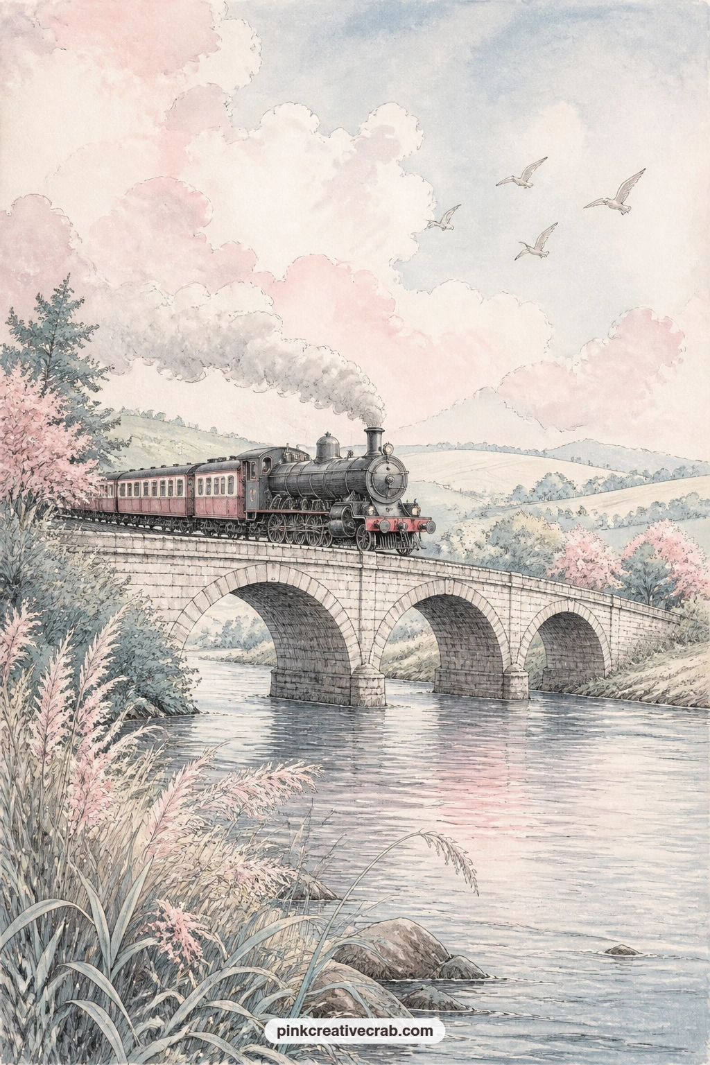Vintage Train Crossing A River Bridge printable page — Tuck a small paper luggage tag or a torn ticket stub along the lower corner of this page before gluing