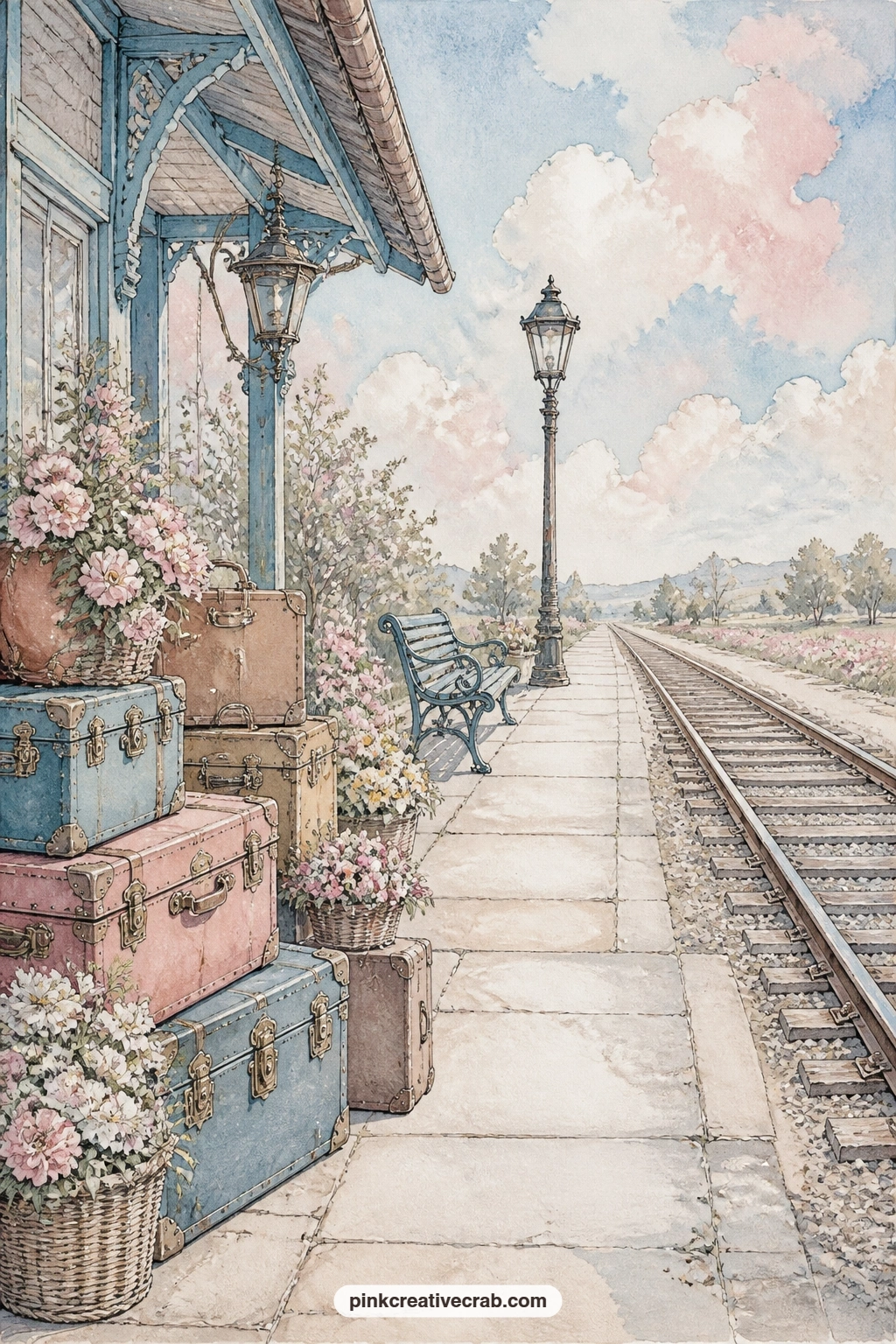 Country Station Platform With Trunks printable page — Leather trunks and baskets of flowers line a quiet country station platform, waiting beside the rails for