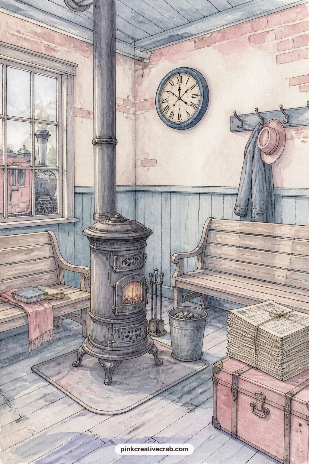 Station Waiting Room With A Stove printable page — This page suits a gift journal made for someone who loves slow afternoons and old towns: it reads as quiet