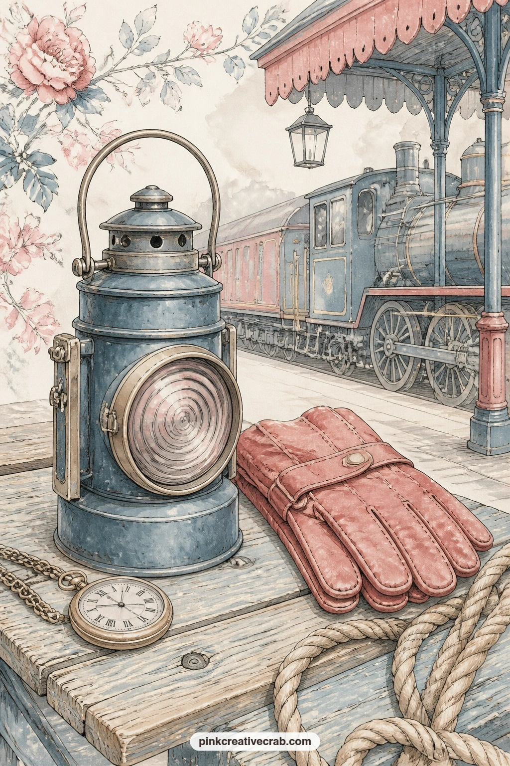 Conductor Lantern And Leather Gloves printable page — Ask a short question on this page before you glue it in: what would you pack for a journey with no fixed