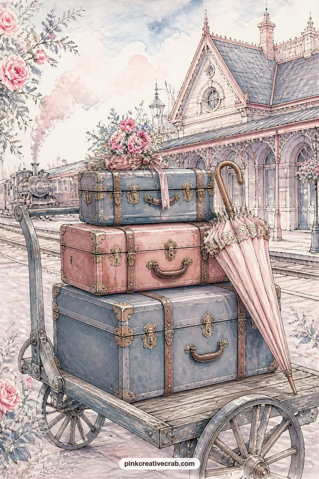Porter Cart With Trunks And Parasol printable page — Place this page right after the station platform page in your spread, letting the porter's cart seem to
