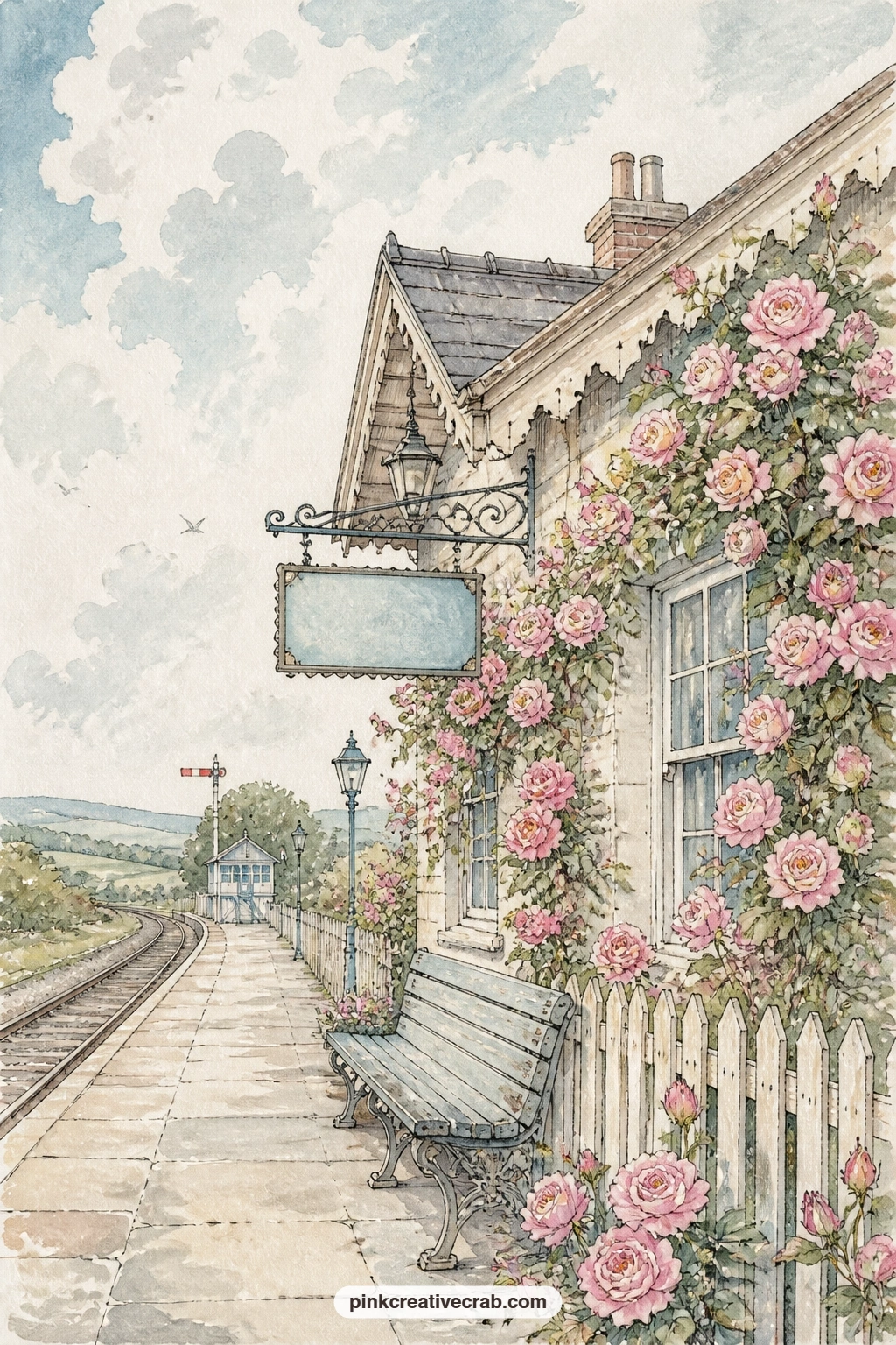 Little Station With A Rose Garden printable page — Glue a pressed paper flower or a small handwritten note onto the bench in this scene, or leave a thin strip