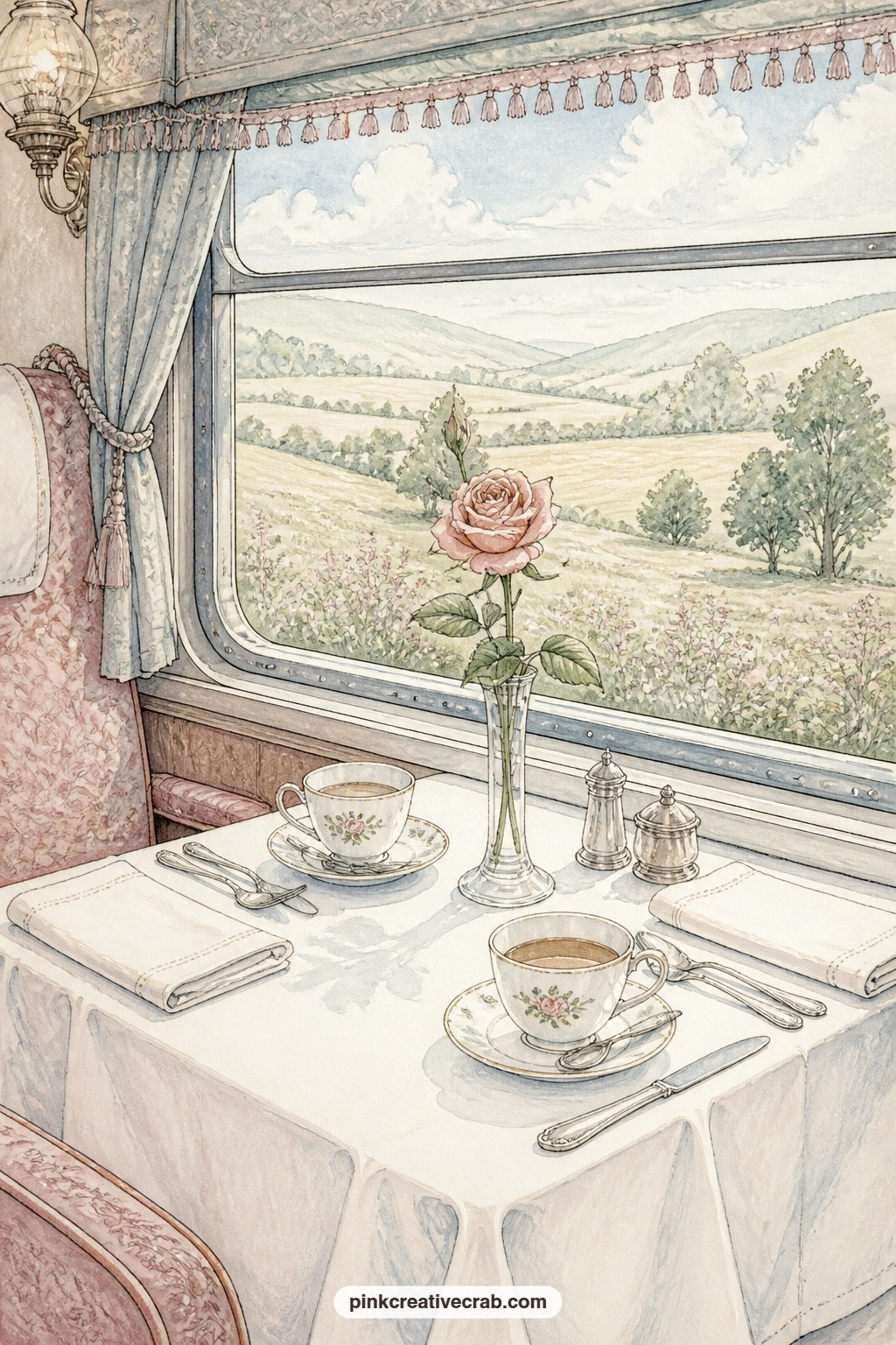 Dining Car Table With Linen And Rose printable page — White linen, two teacups and a single rose in a slim vase sit together on a dining car table, set for a