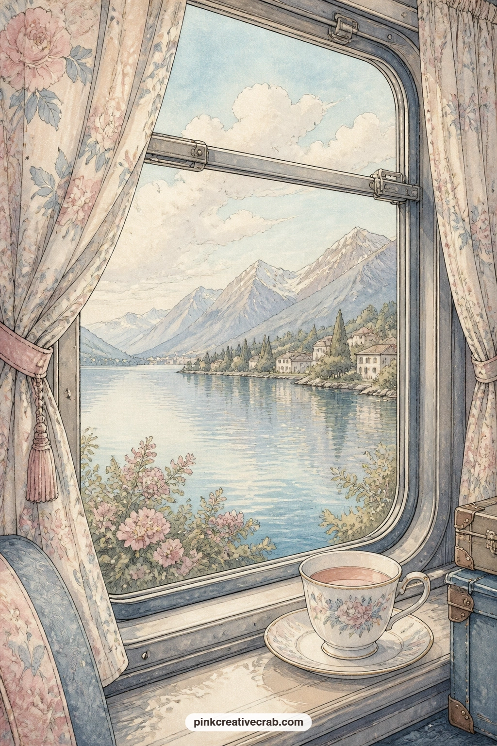 Train Window View Of A Lake printable page — The usual mistake here is treating the window view as the whole page and leaving the foreground bare: anchor it