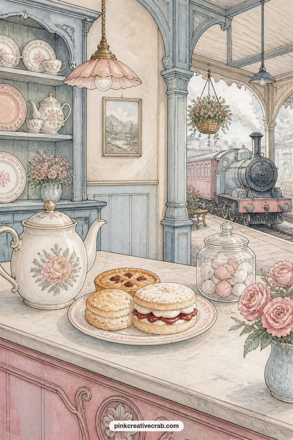 Station Cafe With Pastries And Teapot printable page — This page works well for someone in a gift journal who always wants to stop for something sweet along