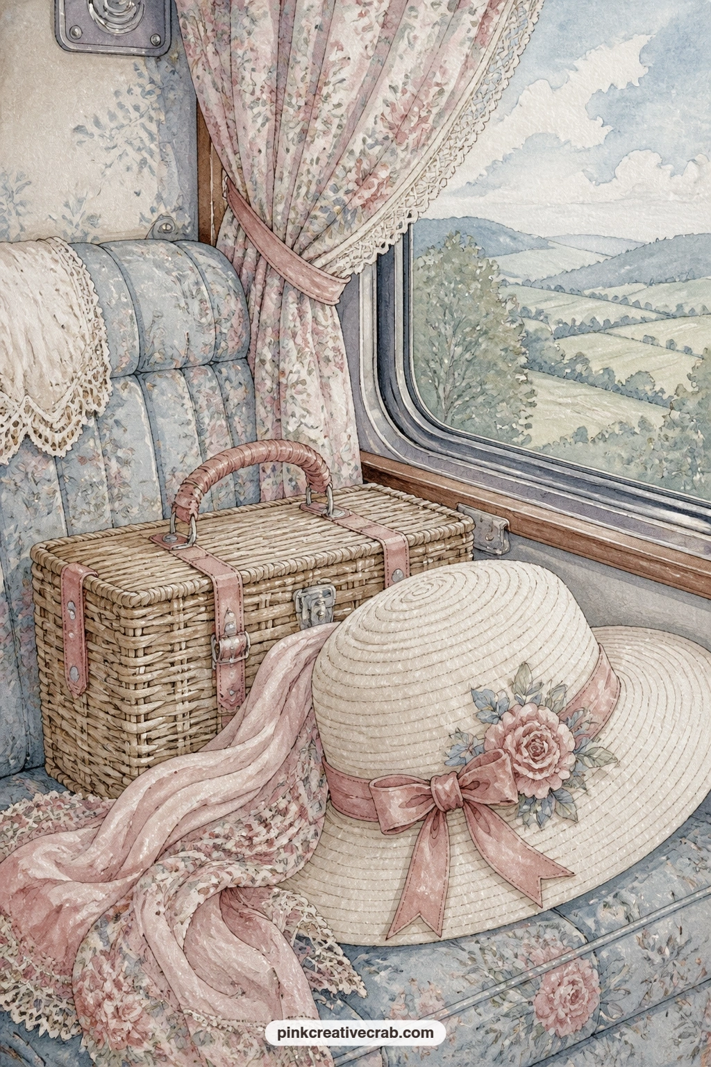 Picnic Basket And Hat By The Window printable page — Tea-stain just the lower edge of this page before gluing it in, a light wash along the bottom border