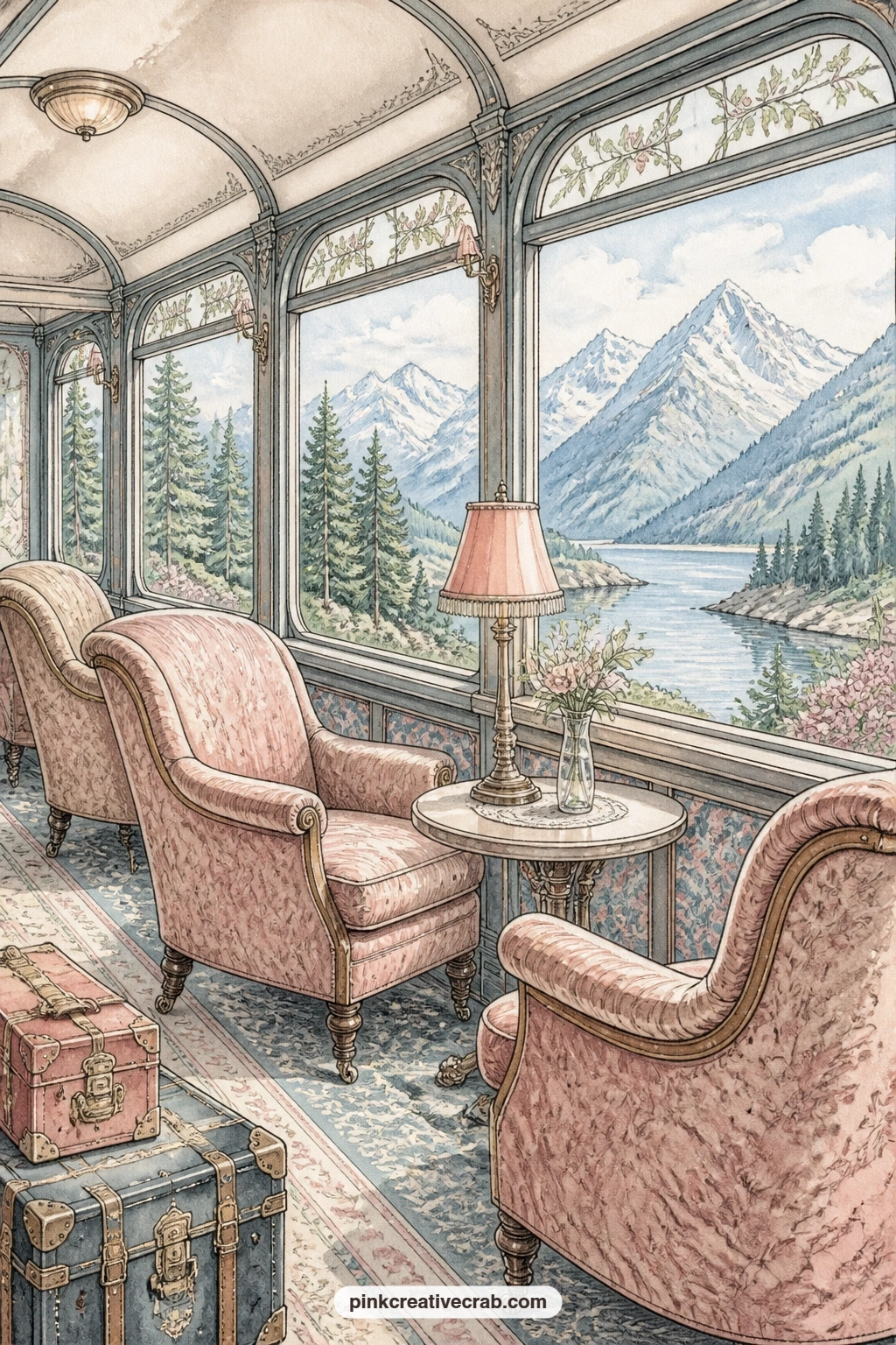 Observation Car With Mountain Views printable page — Write a short list of places you would want to see from a window like this one, real or imagined, along