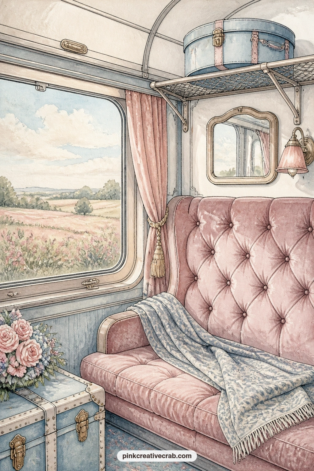 Train Compartment With Velvet Seats printable page — Velvet seats, a round hat box on the rack and a window view of passing fields fill this quiet compartment