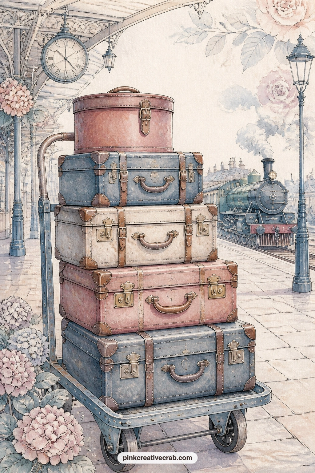 Stack Of Leather Suitcases On A Trolley printable page — Cut a small pocket from the leather luggage background paper and glue three sides of it directly onto