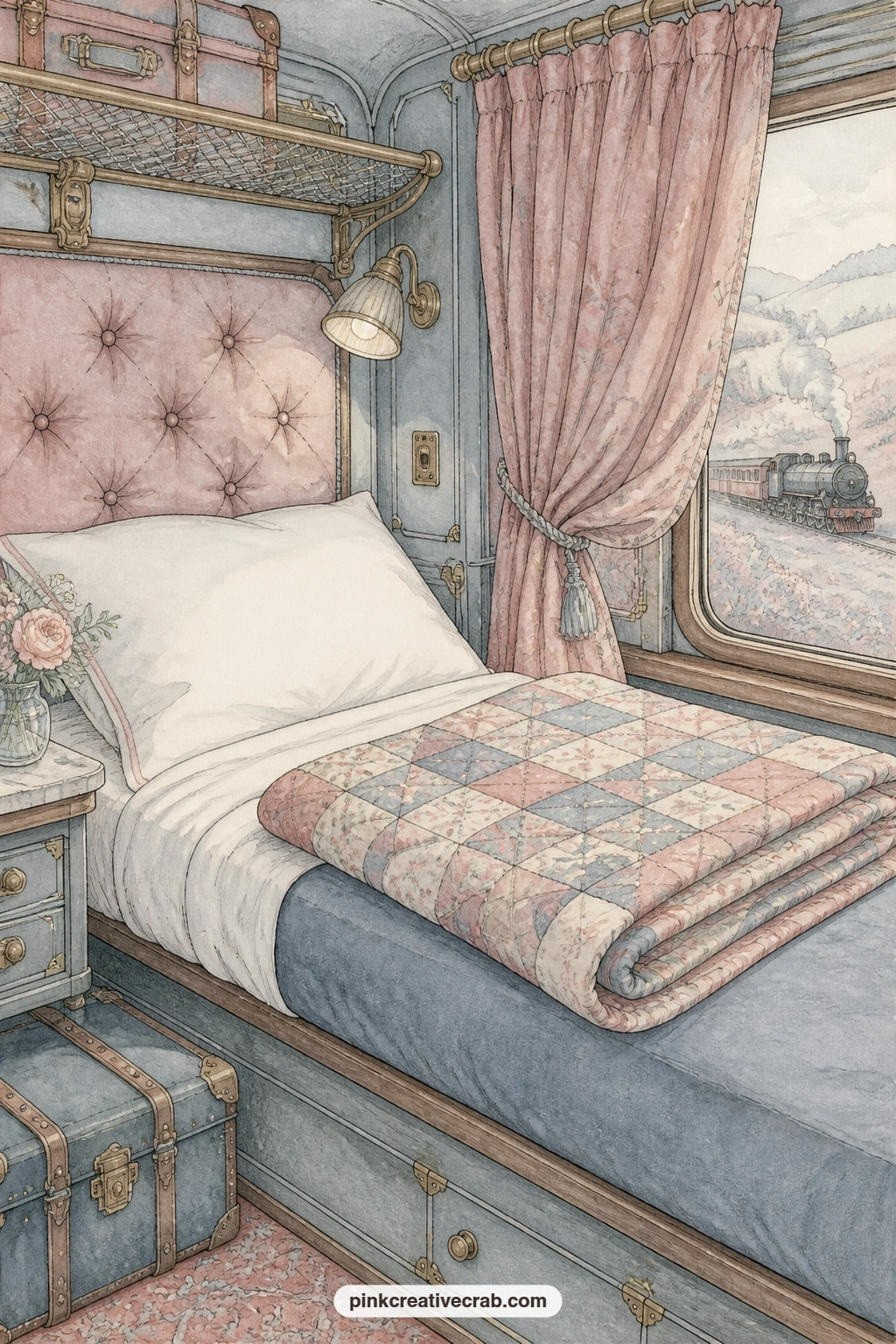 Sleeping Car Berth With A Quilt printable page — A small lamp glows beside a quilt and pillow tucked into a sleeping car berth, ready for whoever climbs in