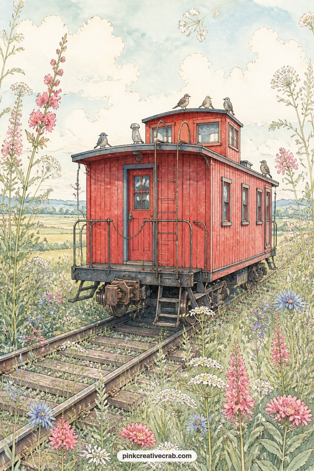 Red Caboose On A Siding printable page — Tear the right-hand edge of this page by hand instead of cutting it with scissors, a rough tear along the siding gives