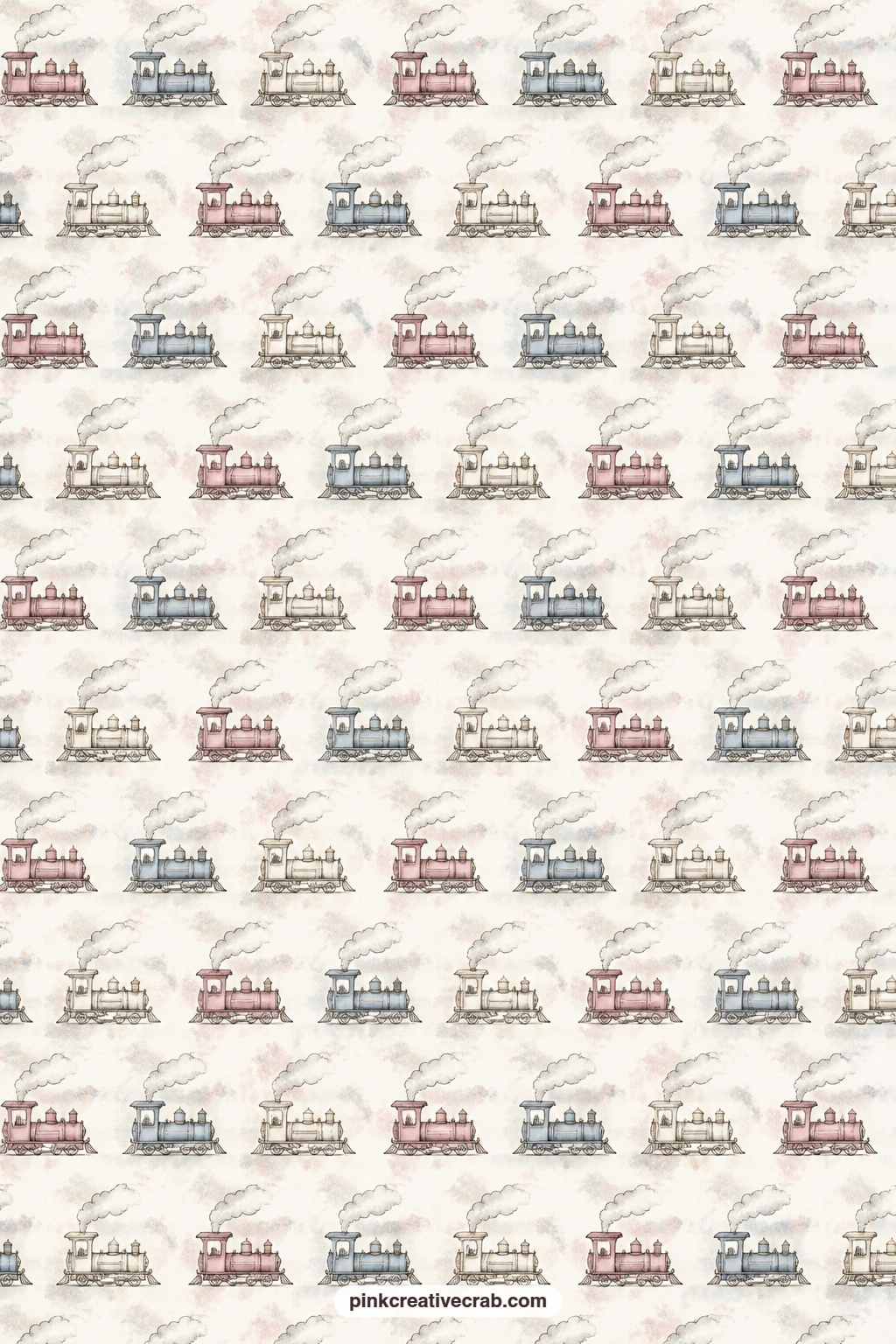 Tiny Steam Locomotives Pattern printable page — Small steam locomotives repeat in neat rows across the page in dusty rose and soft slate blue, perfect under a