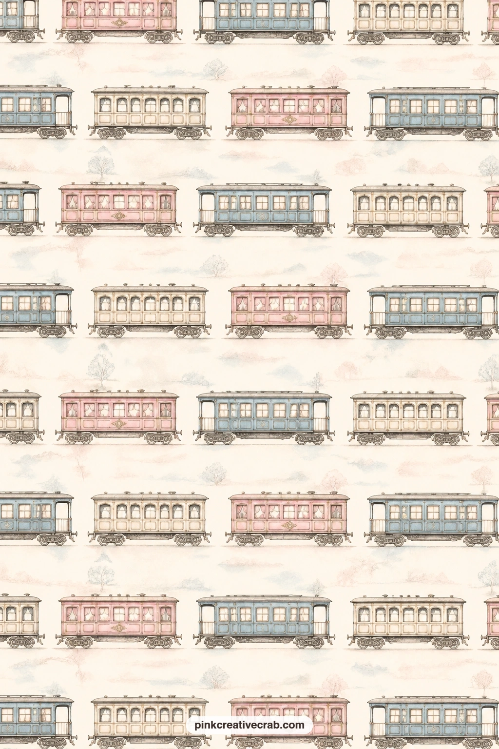 Vintage Train Cars On Cream printable page — Rows of vintage train carriages in warm cream and dusty rose cover this sheet edge to edge, ready to sit behind a