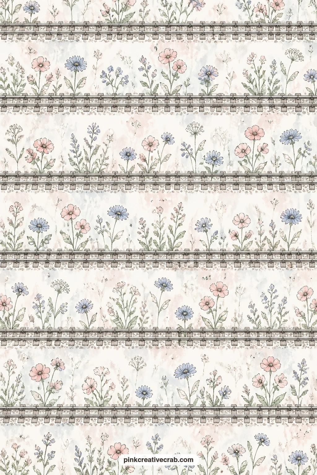 Railway Tracks And Wildflowers Pattern printable page — Thin railway tracks run between scattered wildflowers across this all-over pattern, suited to a pocket