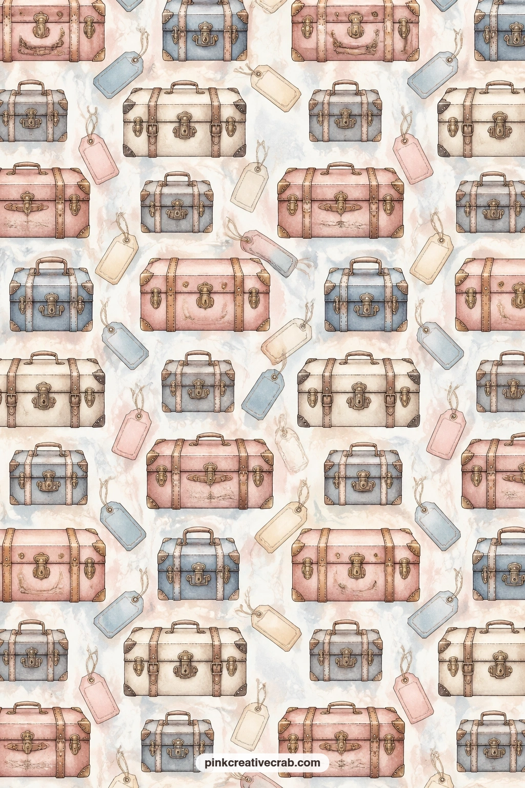 Leather Luggage And Trunks Background Paper printable page — Small leather trunks and travel labels repeat across this sheet in soft slate blue and cream, good