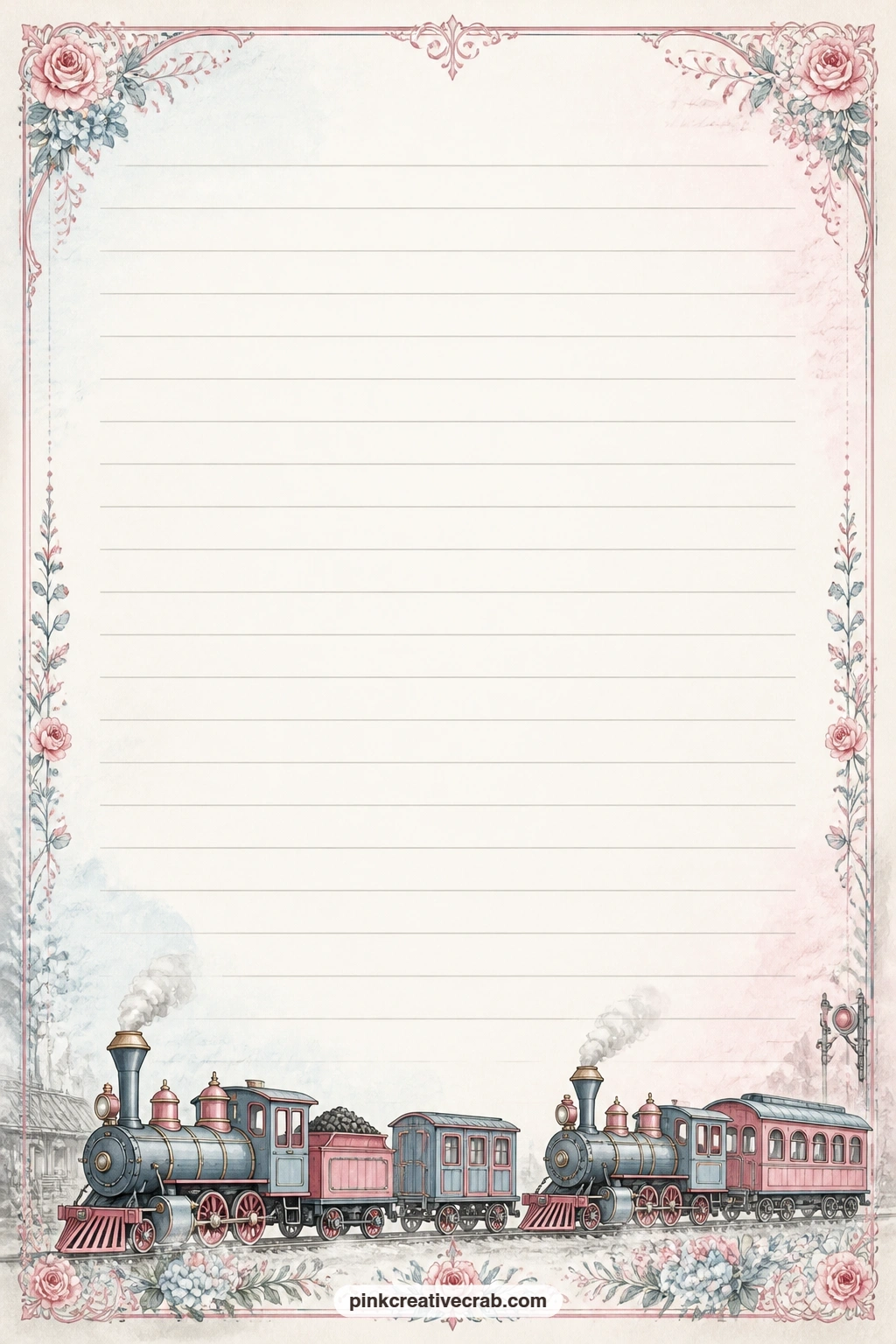 Steam Train Border Lined Page printable page — A row of tiny steam trains travels along the bottom border of this page, leaving the ruled lines above free for