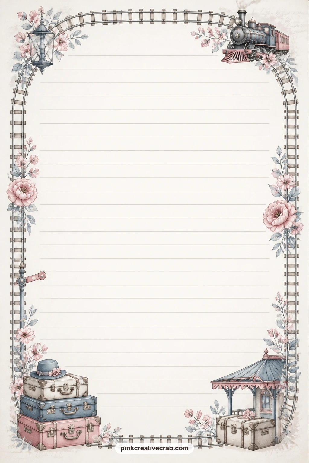 Railway Track Frame Lined Page printable page — Railway tracks curve gently around all four edges of this page, framing faint ruled lines in the centre that