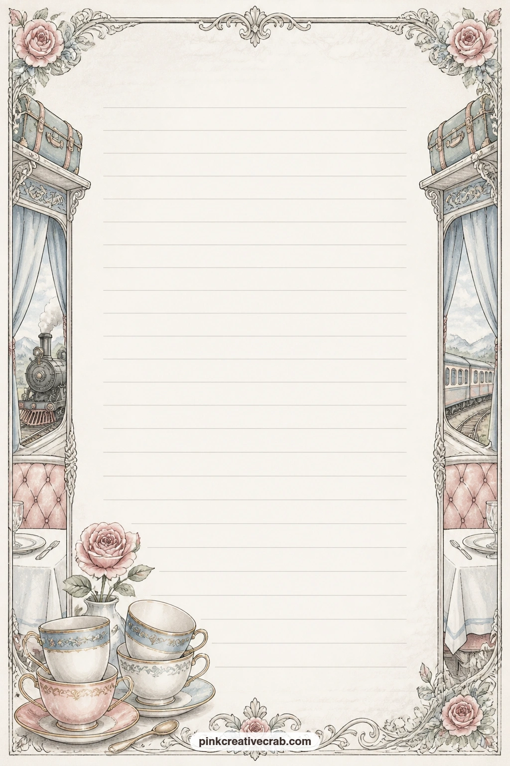 Dining Car Corner Lined Page printable page — A small cluster of teacups and a rose sits in one corner of this page, leaving the faint ruled lines open for a