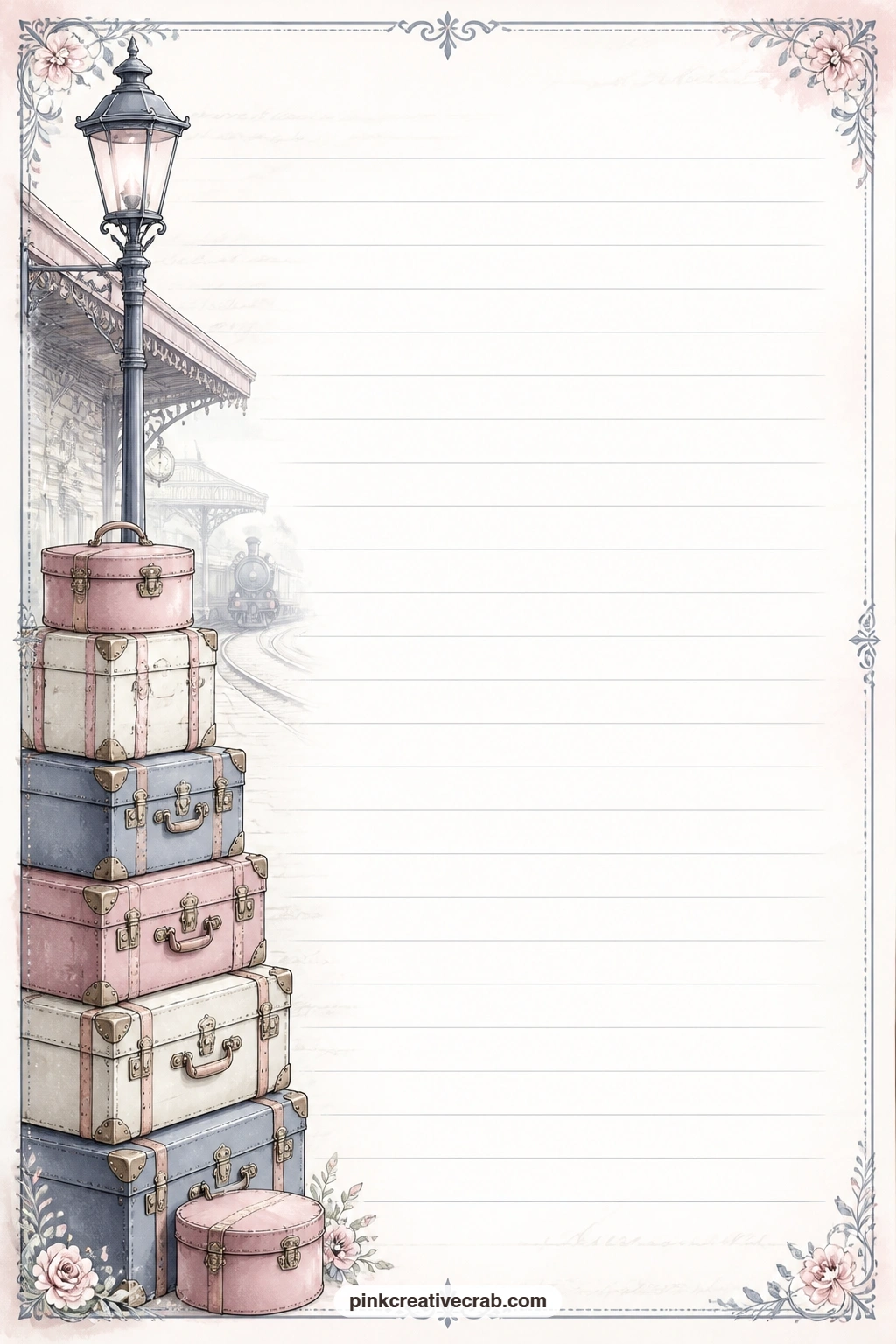 Station Platform Lined Page printable page — A narrow band of luggage trunks and a lamppost runs down one side of this page, framing faint ruled lines for a