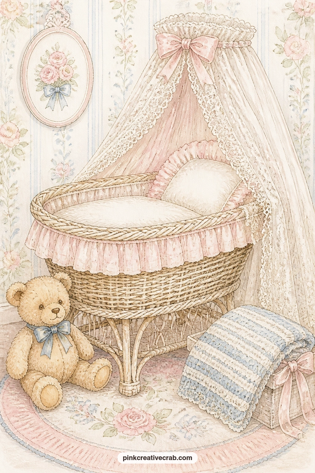 Bassinet With Lace Canopy printable page — A wicker bassinet holds the page's quiet centre, its lace canopy drawn back to show a teddy bear tucked under a