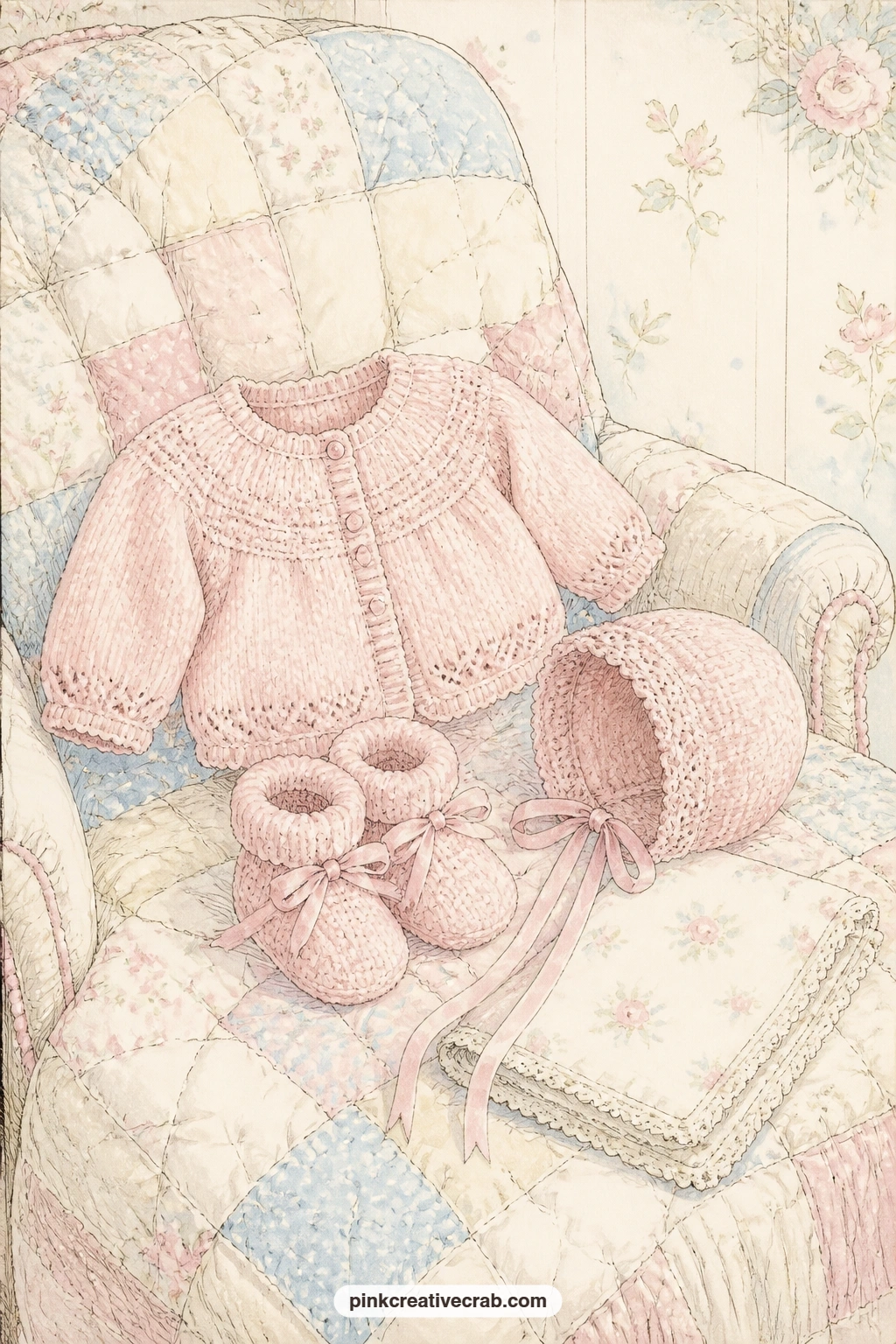 Tiny Cardigan And Booties printable page — Laid flat on a quilted nursery chair, a cardigan, a pair of booties and a bonnet sit ready for a note about who