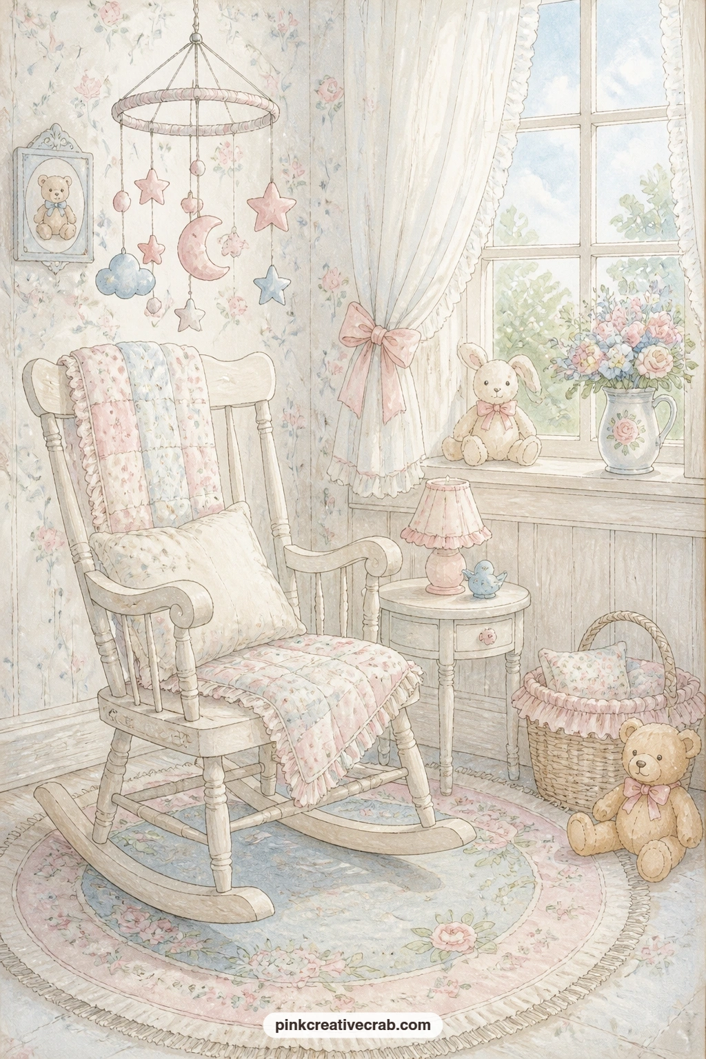 Rocking Chair Nursery Corner printable page — Pair this page with the gingham pattern later in the set, trimming a strip of the pattern to line a small pocket