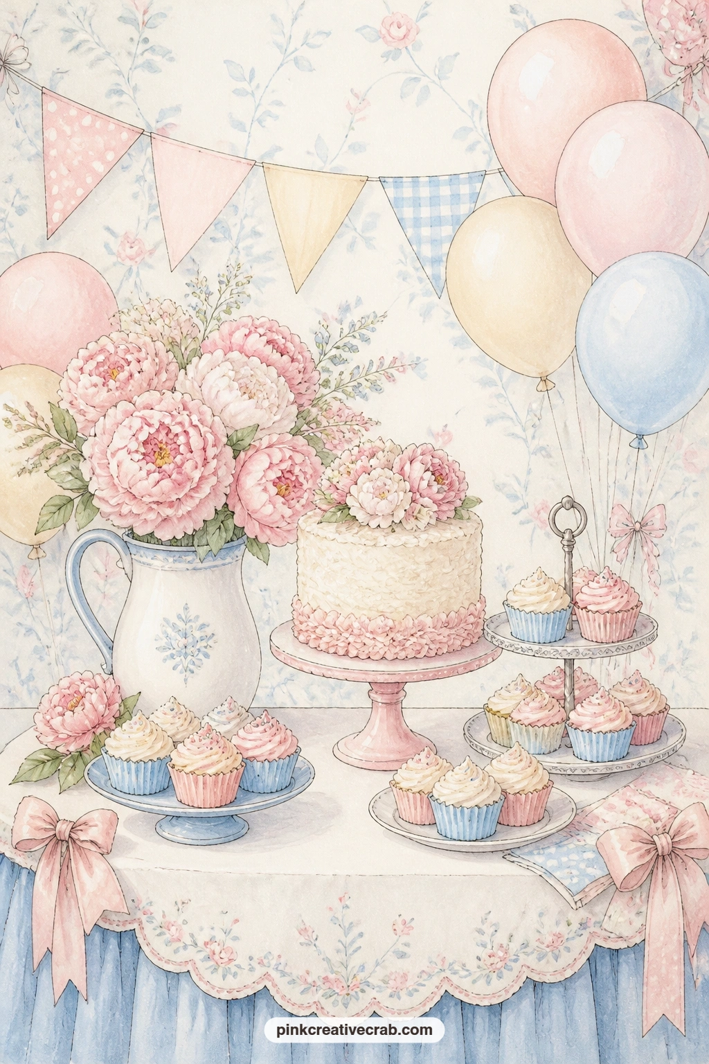 Baby Shower Table printable page — A shower table carries a cake, a row of cupcakes, pale balloons and a loose bunch of peonies, the whole spread ready for a