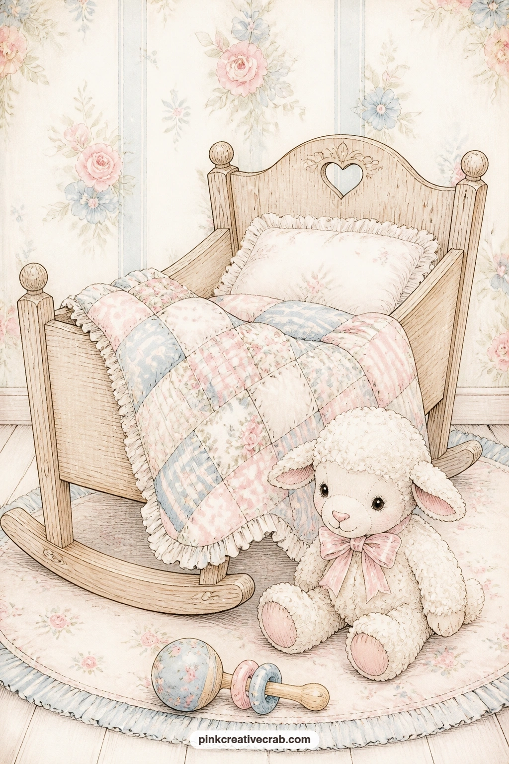 Wooden Cradle With Lamb printable page — The usual mistake with a cradle page is leaving it too plain, so a bare rectangle sits lost on the sheet. Baby junk