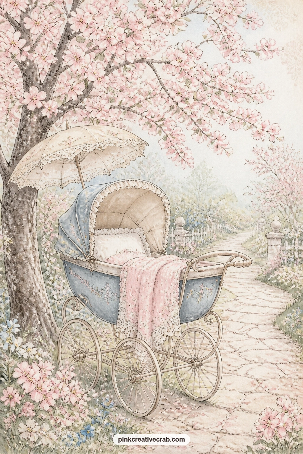 Pram Under Blossom Tree printable page — Fold the top third of this page forward before gluing it in, so the blossom branches open like a small cover over the