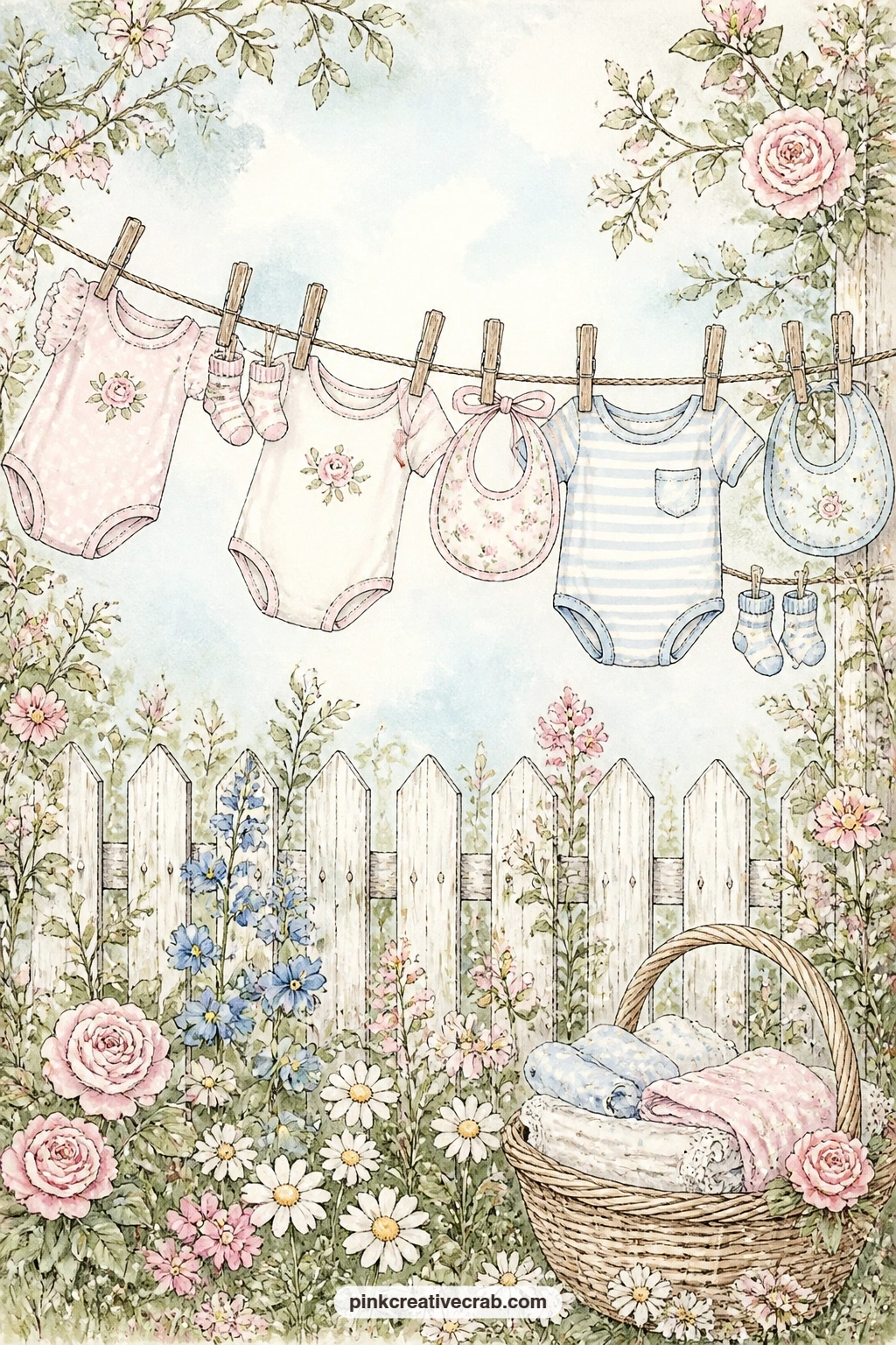 Clothesline Of Tiny Onesies printable page — A sunny garden clothesline strings up onesies, socks and bibs in a row, small enough details to fill the page