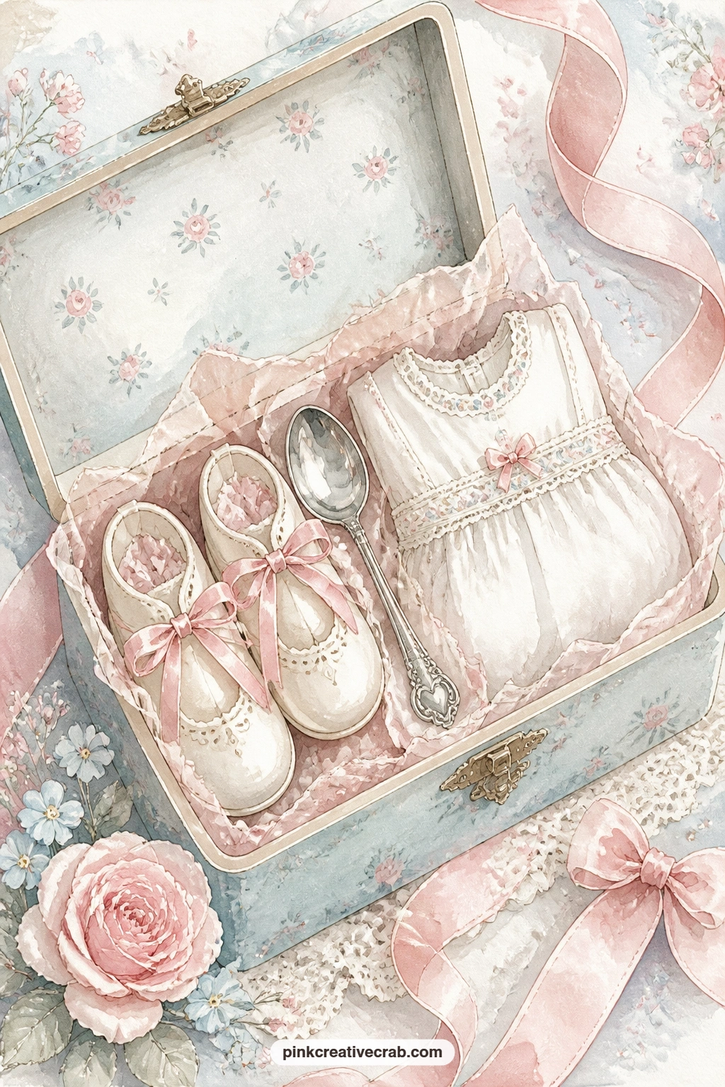Keepsake Box Of Baby Shoes printable page — Keep this page for the christening gown, the silver spoon and the first pair of shoes, the things usually kept in a