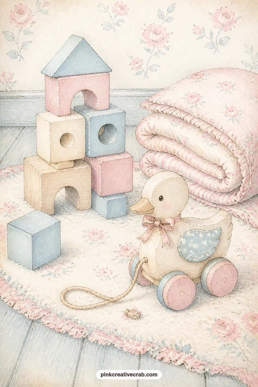 Wooden Blocks And Pull Toy printable page — Stacked plain wooden blocks sit with a pull toy duck and a folded blanket on a rug, a page suited to a first-toy