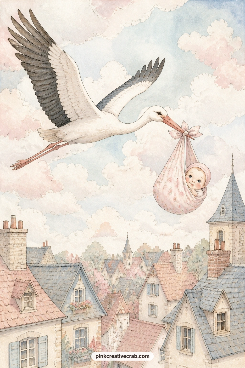 Stork Over A Village printable page — A stork carries its bundle high over a village of rooftops and chimneys, clouds drifting past, a fitting page for an