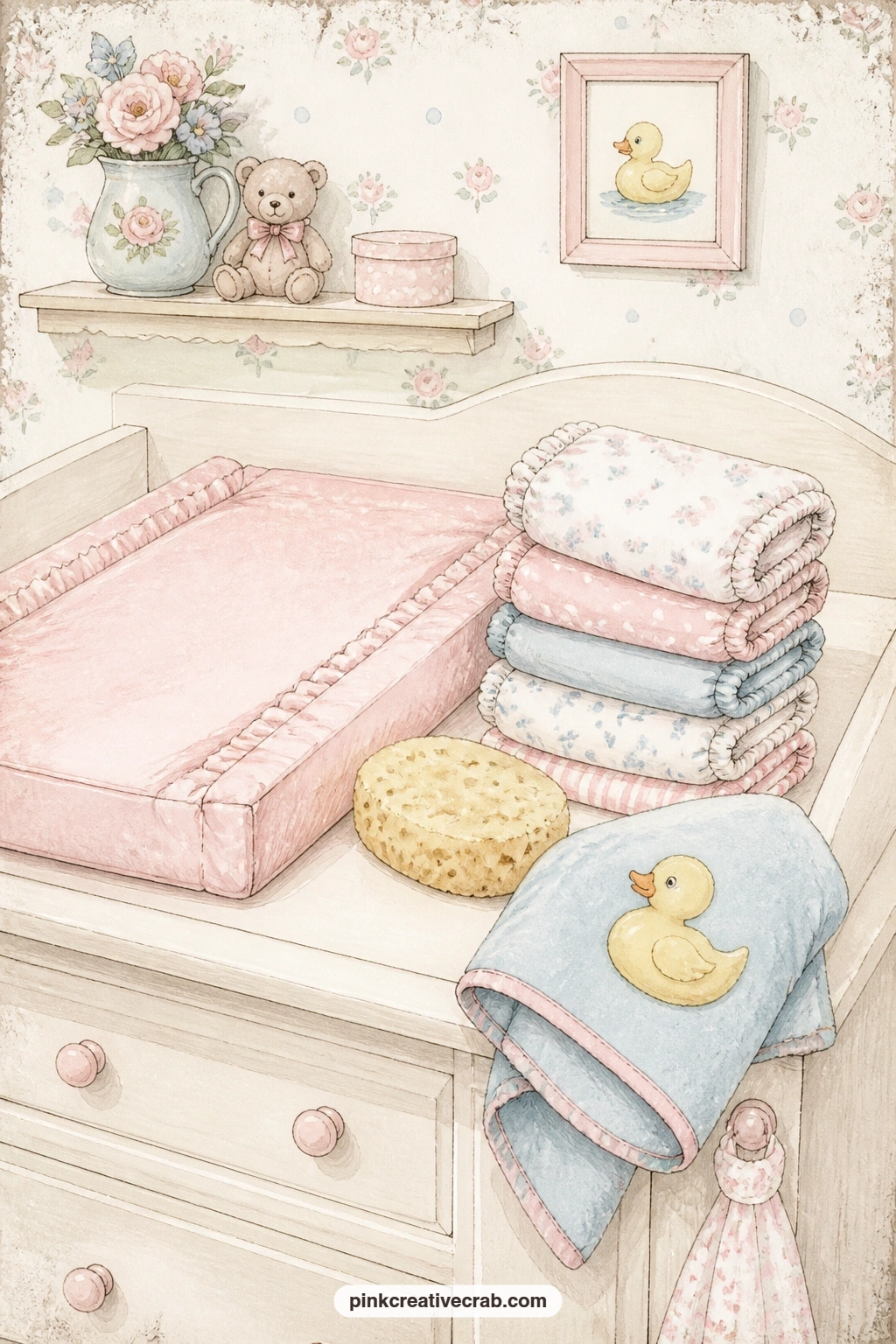 Changing Table With Cloth Diapers printable page — Five minutes is enough for this page: colour the folded cloth diapers, the sponge and the ducky towel, then