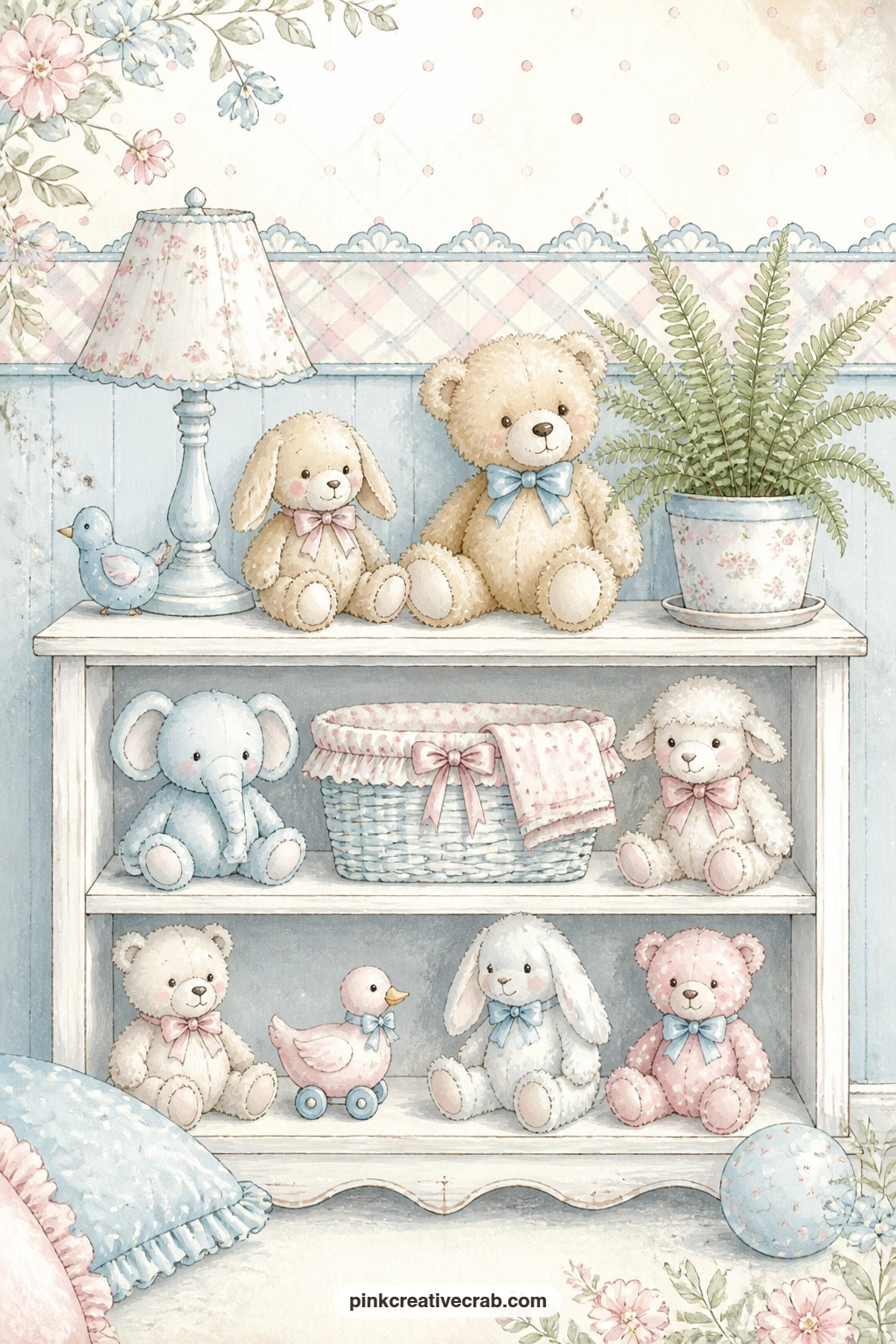 Nursery Shelf With Plush Animals printable page — A row of plush animals lines a nursery shelf beside a small lamp and a potted fern, the kind of corner worth