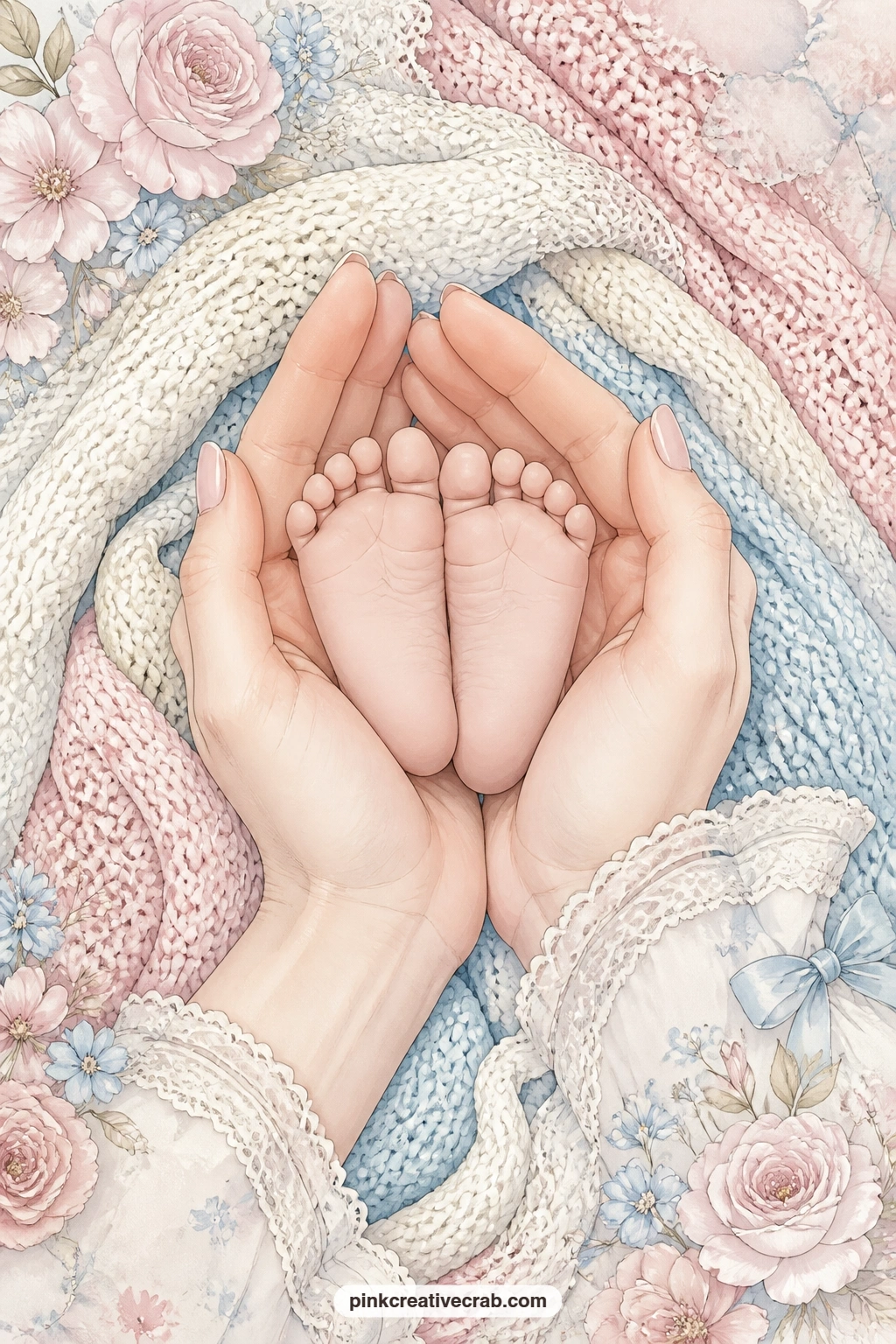 Mother's Hands And Baby Feet printable page — Pair this page with the lamb and cloud background further on in the set, using it as the facing page so the two