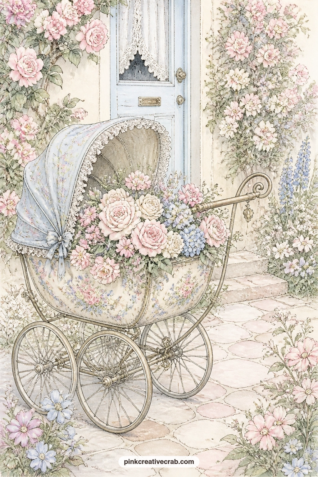 Baby Carriage Of Flowers printable page — An old baby carriage sits filled with flowers outside a cottage door, more decoration than transport, a pretty