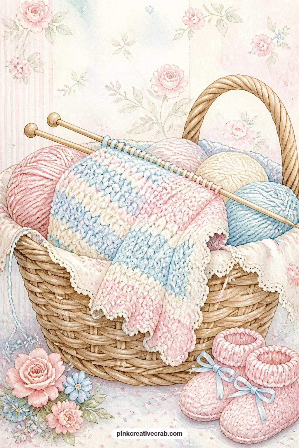 Knitting Basket With Pastel Yarn printable page — A question works well here: ask who is still knitting the half-made blanket in the basket, and leave room to