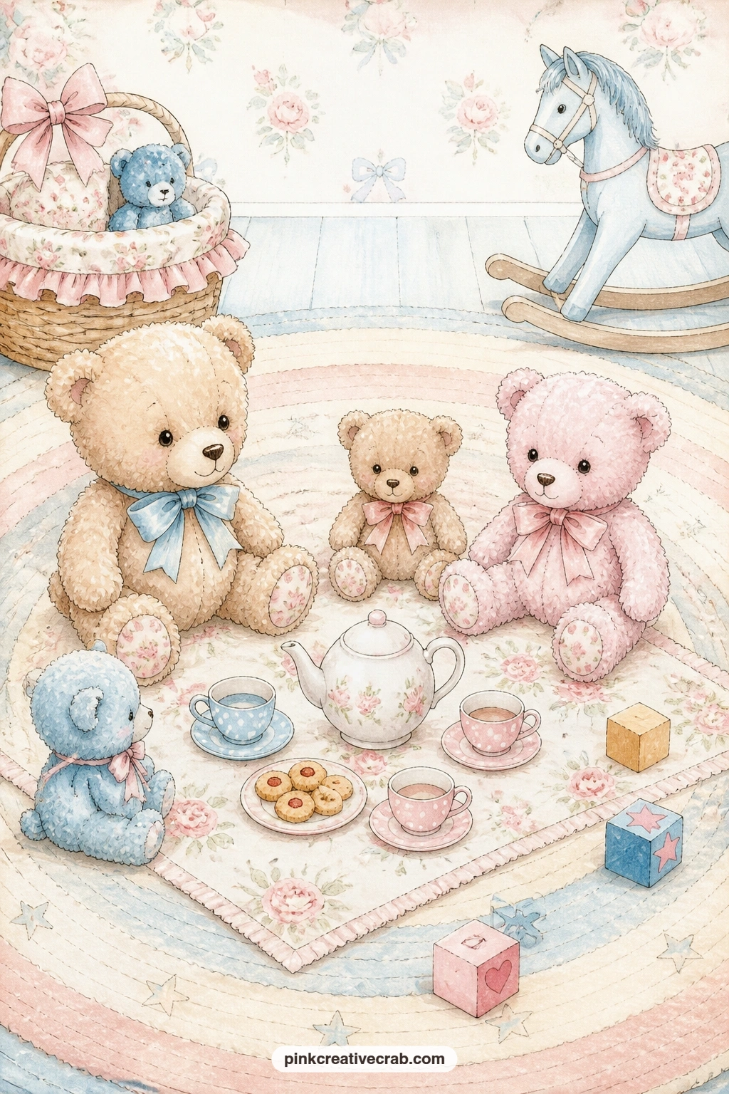 Teddy Bear Picnic printable page — This scene suits a child old enough to help glue it in, since a teddy bear picnic on a nursery rug reads as playful rather