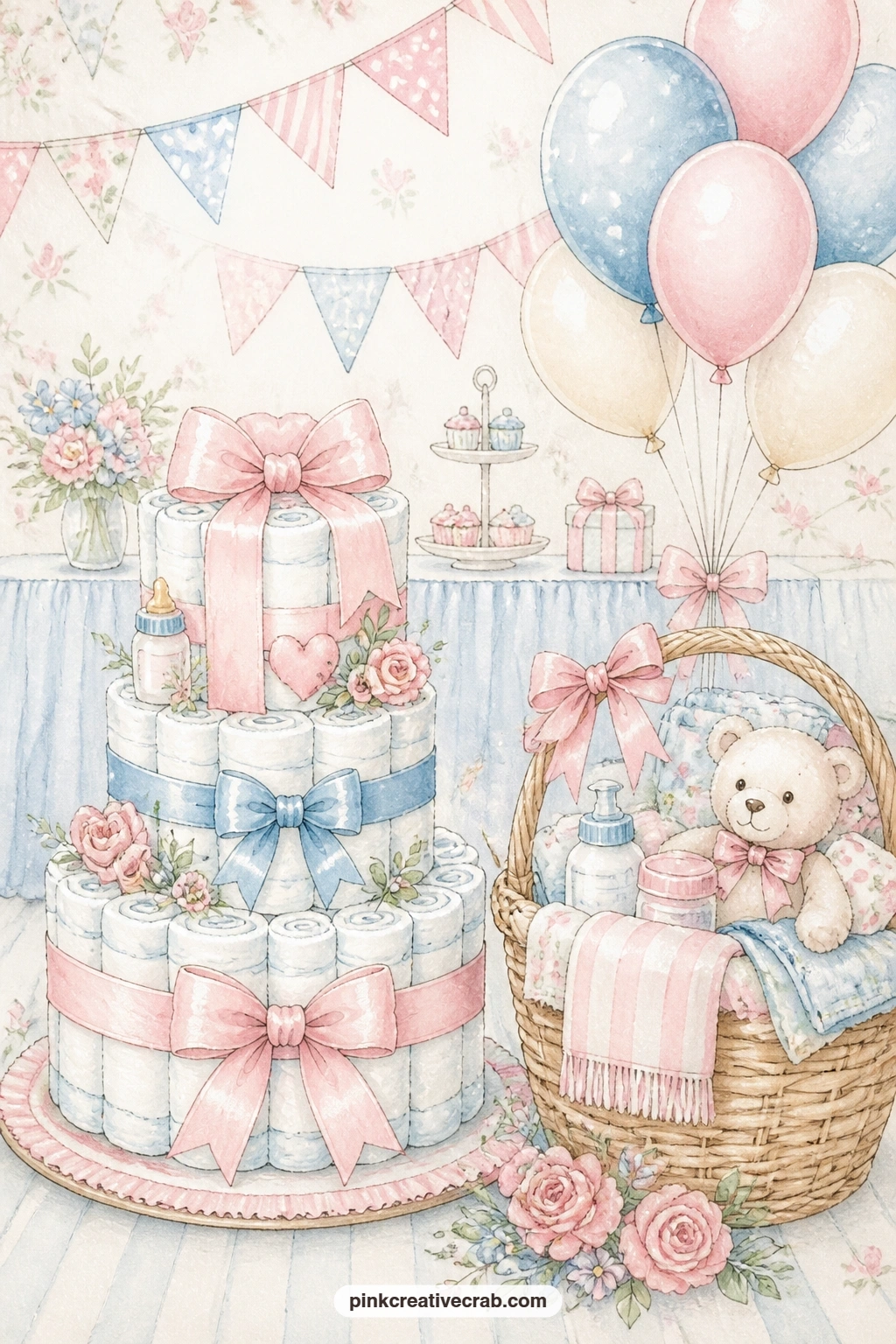 Diaper Cake Gift Basket printable page — A diaper cake tied with ribbons sits beside a gift basket and a cluster of balloons, best used for the guest who is