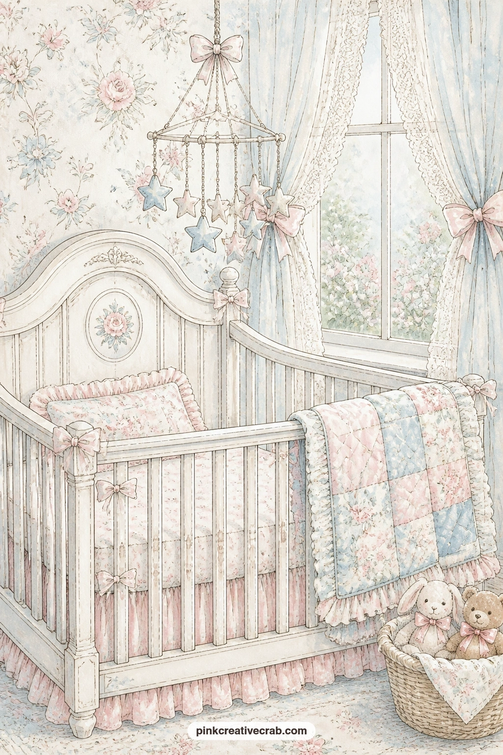 Crib With Star Mobile printable page — A crib sits under a star mobile with a quilt folded at the foot and lace curtains at the window behind it, a calm page
